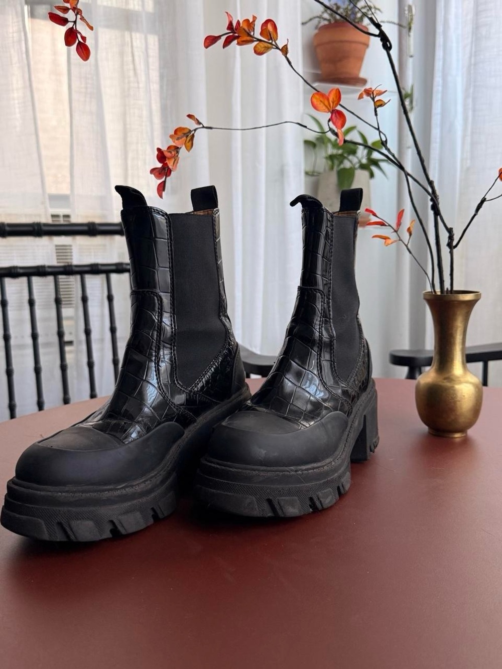 Ganni Black Croc-Embossed Chelsea Platform Boot - Women